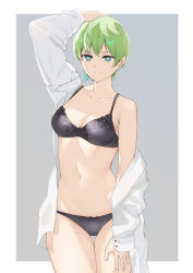Rule 34 | 1girl, absurdres, black bra, black panties, blue hair, bra, bra strap, breasts, cleavage, closed mouth, collarbone, copper, earrings, feet out of frame, green hair, hand on leg, hand on own head, highres, izumo tenka, jewelry, looking at viewer, mato seihei no slave, medium breasts, multicolored eyes, navel, open clothes, open shirt, panties, shirt, short hair, simple background, smile, solo, standing, stomach, underwear, white shirt