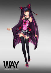 Rule 34 | 1girl, bare shoulders, black hair, black thighhighs, blush, bug, butterfly, butterfly hair ornament, character name, character request, contrapposto, copyright name, artistic error, flower, gradient background, hair flower, hair ornament, highres, hjl, insect, long hair, long legs, looking at viewer, miniskirt, mole, multicolored hair, pink eyes, pink hair, simple background, skirt, smile, solo, thighhighs, two-tone hair, typo, vocaloid, vocanese, zettai ryouiki