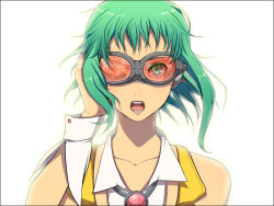 Rule 34 | 1girl, female focus, goggles, green eyes, green hair, gumi, headphones, matching hair/eyes, open mouth, short hair, simple background, solo, uprightleftdownchuchuchu, vocaloid, white background, wrist cuffs