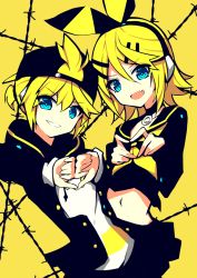 Rule 34 | 1boy, 1girl, bad id, bad pixiv id, barbed wire, baseball cap, black bow, black collar, black headwear, black jacket, black shirt, black skirt, blonde hair, blue eyes, bow, brother and sister, collar, commentary, crop top, fang, finger heart, giryu, grin, hair bow, hair ornament, hairclip, hat, headphones, jacket, kagamine len, kagamine rin, looking at viewer, midriff, navel, open mouth, rettou joutou (vocaloid), sailor collar, school uniform, shirt, short ponytail, siblings, skin fang, skirt, smile, spiked hair, swept bangs, thumbs down, twins, upper body, v-shaped eyebrows, vocaloid, white shirt, yellow background