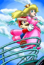 Rule 34 | 1boy, 1girl, blonde hair, blue eyes, breasts, brown hair, crown, day, dress, earrings, facial hair, full body, gem, gloves, hat, high heels, holding, hug, hug from behind, jewelry, long hair, mario, mario (series), mustache, nintendo, outstretched arms, overalls, pink dress, ponytail, princess peach, ship, sideburns, smile, super mario bros. 1, titanic (movie), watercraft