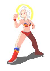 Rule 34 | 1girl, artist request, bare shoulders, boots, breasts, cleavage, fighting stance, full body, highres, kinnikuman, kinnikuman lady, kinnikuman lady (character), large breasts, looking to the side, medium hair, navel, smile, solo, sports bikini, swimsuit, traditional media, white hair, wide hips, wrestling, wrestling outfit