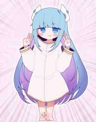 Rule 34 | 1girl, :3, abstract background, banananosongen, blue eyes, blue hair, blunt bangs, blush stickers, closed mouth, coat, colored inner hair, commentary, cropped legs, double v, emphasis lines, gauze on knee, hands up, headgear, high collar, highres, indie virtual youtuber, long hair, long sleeves, multicolored hair, pigeon-toed, pink background, purple hair, smirk, solo, somunia, v, v-shaped eyebrows, virtual youtuber, white coat