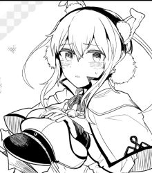 Rule 34 | 10s, 1girl, blush, capelet, celtic knot, graf zeppelin (kancolle), greyscale, hair ornament, hat, holding, holding hat, image sample, itomugi-kun, kantai collection, md5 mismatch, monochrome, peaked cap, resized, ribbon, solo