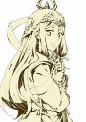 Rule 34 | 1girl, blush, fan la norne, japanese clothes, kawa raya, long hair, looking at viewer, monochrome, nintendo, simple background, smile, solo, white background, xenoblade chronicles (series), xenoblade chronicles 2, xenoblade chronicles 2: torna - the golden country