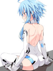 Rule 34 | 1girl, ahoge, aisu (icicleshot), ass, back, bare shoulders, blue hair, blush, breasts, elbow gloves, from behind, gloves, hair between eyes, leotard, light blue hair, neptune (series), power symbol, power symbol-shaped pupils, red eyes, short hair with long locks, sitting, small breasts, solo, symbol-shaped pupils, thighhighs, white gloves, white heart (neptunia), white leotard, white thighhighs