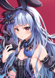 Rule 34 | 1girl, animal ears, arm cuffs, bare shoulders, black dress, blue bow, blue hair, blue necktie, blunt bangs, blush, bow, breasts, cleavage, commentary request, detached collar, dress, fake animal ears, hand up, hat, hat bow, highres, holding, holding mask, hololive, long hair, looking at viewer, mask, medium breasts, mini hat, mini top hat, necktie, open mouth, rabbit-shaped pupils, rabbit ears, red background, red eyes, sleeveless, solo, symbol-shaped pupils, thick eyebrows, tomo wakui, top hat, upper body, usada pekora, usada pekora (furi furi bunny dress), virtual youtuber, wrist cuffs