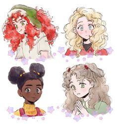 4girls bebe_stevens black_hair blonde_hair blue_eyes bow brown_eyes brown_hair closed_mouth collared_shirt curly_hair dark-skinned_female dark_skin double_bun fur_hat genderswap genderswap_(mtf) green_eyes green_hat green_shirt hair_bow hair_bun hair_tie hat heidi_turner kyle_broflovski light_brown_hair long_hair looking_at_viewer multiple_girls nichole_daniels ponytail red_hair red_shirt shirt short_sleeves simple_background smile south_park sp_toyoill star_(symbol) tongue tongue_out turtleneck ushanka white_background white_shirt yellow_bow yellow_shirt