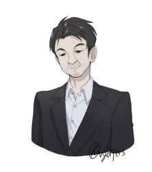 Rule 34 | 1boy, artist name, black eyes, black hair, collared shirt, commentary, english commentary, formal, greyscale, highres, hololive, looking down, male focus, monochrome, sad, shirt, solo, suit, upper body, vyolfers, white background, yagoo