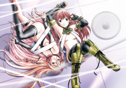 Rule 34 | 2girls, ak2, blue eyes, boots, bottomless, braid, breasts, elbow gloves, fingerless gloves, from above, gloves, headphones, highres, ia (vocaloid), long hair, looking at viewer, looking up, lying, megurine luka, multiple girls, navel, on back, pink hair, small breasts, thigh strap, thighhighs, twin braids, underboob, very long hair, vocaloid