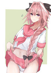 Rule 34 | 1boy, absurdres, astolfo (fate), astolfo (sailor paladin) (fate), black bow, blush, bow, braid, bulge, clothes lift, covered testicles, cowboy shot, dutch angle, fang, fate/apocrypha, fate (series), hair bow, highres, lifted by self, long hair, looking at viewer, male focus, multicolored hair, negi seijin, official alternate costume, pink hair, purple eyes, school uniform, serafuku, single braid, skirt, skirt lift, solo, streaked hair, trap