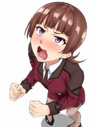 Rule 34 | 1girl, active raid, blush, breasts, brown hair, brown pantyhose, clenched hand, formal, from above, kazari asami, lips, looking up, magekichi, necktie, open mouth, pantyhose, pigeon-toed, purple eyes, shoes, short hair, skirt, skirt set, skirt suit, solo, suit, uniform, wavy mouth