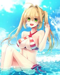 Rule 34 | bikini, blonde hair, blush, caster (nero claudius), fate/grand order, fate (series), green eyes, long hair, sky, smile, swimsuit, twintails