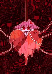 Rule 34 | 1girl, abstract background, blood, blood on body, blood on face, bow, chibi, chibi only, closed mouth, colored skin, dendenshindenzu (vocaloid), hair bow, heart, heart-shaped pupils, highres, looking at viewer, noose, original, partially shaded face, pepoyo, pink hair, pink skin, poyopep, red bow, red eyes, shinde-chan, short hair, solo, standing, symbol-shaped pupils