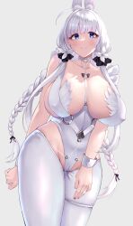 Rule 34 | 1girl, alternate costume, animal ears, azur lane, bare shoulders, blue eyes, braid, breasts, closed mouth, collarbone, cosplay, grey background, highres, illustrious (azur lane), large breasts, le malin (azur lane), le malin (azur lane) (cosplay), le malin (listless lapin) (azur lane), leotard, long hair, looking at viewer, official alternate costume, pantyhose, rabbit ears, simple background, smile, solo, thigh strap, twin braids, wee (weeyy), white hair, white leotard, white pantyhose