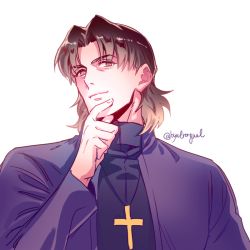 Rule 34 | 1boy, brown eyes, brown hair, byulrorqual, cross, cross necklace, fate/stay night, fate (series), jewelry, kotomine kirei, male focus, necklace, solo