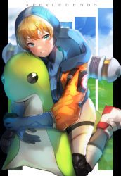 Rule 34 | 1girl, absurdres, animification, apex legends, blue bodysuit, blue gloves, blue headwear, blush, bodysuit, clenched hand, copyright name, eyebrows hidden by hair, facial scar, gloves, highres, hood, hooded bodysuit, hugging object, jacket, kneeling, looking at viewer, nessie (respawn), nitogebeto, orange jacket, parted lips, ribbed bodysuit, scar, scar on cheek, scar on face, smile, solo, stuffed toy, thigh strap, typo, v-shaped eyebrows, wattson (apex legends), white bodysuit, white footwear