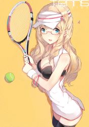 Rule 34 | 1girl, bad id, bad pixiv id, ball, bare arms, blonde hair, blue eyes, breasts, cleavage, cleavage cutout, clothing cutout, glasses, hadean92, hat, highres, long hair, open mouth, original, racket, solo, tennis ball, tennis racket, thighhighs, wristband