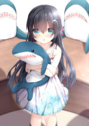 Rule 34 | 1girl, bare arms, bare shoulders, black hair, black legwear, blue eyes, blush, chestnut mouth, collarbone, commentary request, cowboy shot, dolphin hair ornament, dress, hair ornament, hairclip, highres, ikea shark, kouda suzu, long hair, looking at viewer, hugging object, original, parted lips, sleeveless, sleeveless dress, solo, stuffed animal, stuffed shark, stuffed toy, sundress, very long hair, white dress