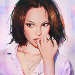 Rule 34 | 1girl, :d, artist name, black eyes, brown hair, collarbone, collared shirt, dress shirt, finger in own mouth, guweiz, heart, heart necklace, jewelry, lips, looking at viewer, looking to the side, necklace, open mouth, original, pink background, pink shirt, realistic, ring, shirt, short hair, simple background, smile, solo, upper body