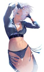 Rule 34 | abs, angel (kof), blue eyes, bra, breasts, chaps, cofffee, cropped jacket, fingerless gloves, gloves, hair over one eye, hands up, jacket, large breasts, leather, leather jacket, looking at viewer, muscular, muscular female, simple background, snk, solo, strapless, strapless bra, the king of fighters, the king of fighters xiv, toned, underwear, white background, white hair
