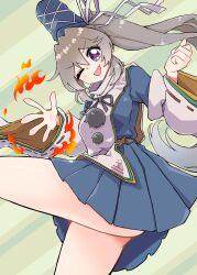 Rule 34 | 1girl, absurdres, alternate eye color, black ribbon, blue dress, blue hat, breasts, closed mouth, commentary request, cowboy shot, curled fingers, detached sleeves, dress, fire, green background, grey hair, gurajio, hair between eyes, hat, highres, japanese clothes, kariginu, long hair, long sleeves, looking at viewer, medium bangs, medium breasts, mononobe no futo, neck ribbon, one eye closed, pleated dress, pom pom (clothes), ponytail, purple eyes, ribbon, ribbon-trimmed sleeves, ribbon trim, smile, solo, tate eboshi, thighs, tongue, tongue out, touhou, white sleeves
