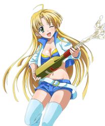 Rule 34 | 10s, 1girl, ;d, ahoge, asia argento, belt, blonde hair, blue shorts, blue thighhighs, bottle, breasts, cleavage, crop top, floating hair, green eyes, groin, high school dxd, holding, holding bottle, jacket, long hair, medium breasts, midriff, navel, one eye closed, open clothes, open jacket, open mouth, shiny skin, short shorts, shorts, smile, solo, stomach, thighhighs, transparent background, very long hair