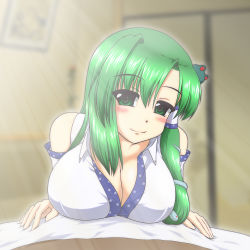 Rule 34 | 1girl, bare shoulders, breast rest, breasts, cleavage, detached sleeves, female focus, frog hair ornament, green eyes, green hair, hair ornament, hair tubes, highres, kingindou yumeji, kochiya sanae, large breasts, looking at viewer, matching hair/eyes, open clothes, smile, snake, solo, touhou, upper body