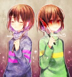 Rule 34 | 2others, artist name, blood, bloody knife, blue sweater, blush, brown background, brown hair, chara (undertale), child, closed eyes, closed mouth, colored inner hair, frisk (undertale), gradient background, green sweater, hair between eyes, highres, holding, holding knife, holding stick, knife, long sleeves, looking at viewer, multicolored hair, multiple others, outline, pink sweater, purple hair, red background, red eyes, sasucchi95, shaded face, short hair, smile, stick, striped clothes, striped sweater, sweater, turtleneck, turtleneck sweater, undertale, upper body, white outline, yellow sweater