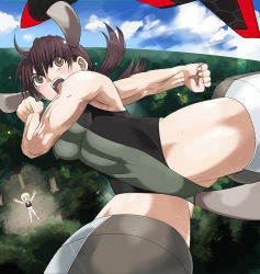 Rule 34 | 2girls, animal ears, arms up, blonde hair, blush, breasts, brown eyes, brown hair, covered navel, dog ears, dog tail, erica hartmann, gertrud barkhorn, hosoinogarou, large breasts, medium hair, multiple girls, neuroi, open mouth, outdoors, panties, short hair, sky, smile, strike witches, striker unit, swimsuit, tail, twintails, underwear, white panties, world witches series