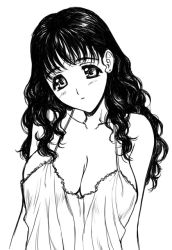 Rule 34 | 1girl, black hair, breasts, camisole, chemise, cleavage, curly hair, greyscale, head tilt, jewelry, large breasts, lineart, lingerie, long hair, magaki ryouta, monochrome, solo, underwear, upper body, wavy hair