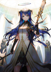 Rule 34 | 1girl, arknights, black capelet, black gloves, blue eyes, blue hair, breasts, capelet, commentary request, cowboy shot, dress, gloves, hair between eyes, halo, highres, holding, holding staff, horns, long hair, looking at viewer, mostima (arknights), mostima (spellbreaker) (arknights), official alternate costume, sho (sumika), small breasts, staff, standing, very long hair, white dress