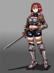 Rule 34 | 1girl, armor, belt, bike shorts, blush, boots, collar, commentary request, full body, gauntlets, hand on own hip, headband, highres, holding, holding weapon, looking at viewer, original, red eyes, red hair, shirt, short hair, simple background, smile, solo, standing, sword, thighs, udetamago, weapon
