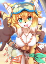 Rule 34 | 1girl, animal ear fluff, animal ears, animal nose, arm pouch, arm ribbon, arm up, armband, bangle, bare shoulders, beach, belt, bikini, bikini skirt, blonde hair, blue-framed eyewear, blue sky, blurry, body fur, bracelet, breasts, brown fur, brown hair, cleavage, cloud, cowboy shot, day, depth of field, eyewear on head, female focus, front-tie bikini top, front-tie top, furry, furry female, gluteal fold, goggles, green eyes, green ribbon, hair flaps, hanging breasts, highres, horizon, horokusa (korai), jewelry, large breasts, leaning forward, looking at viewer, mia (world flipper), multicolored hair, ocean, official alternate costume, outstretched arm, pouch, reaching, reaching towards viewer, red ribbon, ribbon, sand, see-through, sidelocks, sky, solo, standing, straight-on, swimsuit, tail, tail ornament, tail raised, tail ribbon, tiger ears, tiger girl, tiger tail, v-shaped eyebrows, water, white bikini, white fur, white hair, world flipper, yellow fur