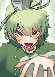 Rule 34 | 1girl, absurdres, commentary request, green background, green eyes, green hair, hat, highres, looking at viewer, ofuda, ofuda on clothes, open mouth, short hair, simple background, soga no tojiko, solo, takana (forsterite), tate eboshi, touhou, upper body