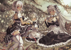 Rule 34 | 3girls, apron, autumn, autumn leaves, azur lane, biscuit (bread), black dress, black nails, black ribbon, blanket, blonde hair, blush, bow, braid, breasts, bustier, chain, cleavage, closed mouth, collar, corset, cup, dress, eyelashes, eyes visible through hair, formidable (azur lane), french braid, frilled collar, frilled dress, frilled skirt, frills, grey hair, hair bow, hair over one eye, hair ribbon, highres, holding, holding cup, holding tray, juliet sleeves, kneeling, large breasts, leaf, long hair, long sleeves, looking at viewer, looking back, maid, maid apron, maid headdress, medium hair, metal collar, momotetu, multiple girls, nail polish, open mouth, picnic, picnic blanket, puffy sleeves, red eyes, red ribbon, ribbon, saucer, sheffield (azur lane), short sleeves, sirius (azur lane), sitting, skirt, tareme, teacup, teapot, thighhighs, tray, tree, branch, twintails, very long hair, wall, white hair, white legwear, white ribbon, wicker basket, yellow eyes