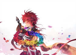 Rule 34 | 1boy, blush, elsword, elsword (character), closed eyes, fingerless gloves, flower, gloves, green rose, male focus, messy hair, petals, pink rose, purple rose, rainbow order, red hair, red rose, rose, scarf, scorpion5050, solo, sword, tears, weapon, white background, wreath, yellow rose