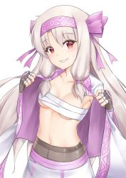 Rule 34 | 1girl, absurdres, ainu clothes, blush, bow, breasts, collarbone, fate/grand order, fate (series), fingerless gloves, gloves, grey gloves, hair bow, hairband, hakuya kung, highres, hip focus, illyasviel von einzbern, jacket, long hair, long sleeves, looking at viewer, navel, open clothes, open jacket, pantyhose, red eyes, sarashi, sidelocks, simple background, sitonai (fate), skirt, small breasts, smile, solo, white background, white jacket, white skirt