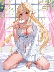 Rule 34 | 1girl, :d, absurdres, alternate costume, bed sheet, blonde hair, blush, bow, breasts, cleavage, collarbone, commentary request, curtains, dark-skinned female, dark skin, day, dot nose, elf, frilled nightgown, frilled sleeves, frills, full body, hair bow, high ponytail, highres, hololive, indoors, kneeling, large breasts, leaf, light particles, light rays, long hair, looking at viewer, monokawa (iurl1z), multicolored hair, navel, nightgown, open clothes, open mouth, panties, plant, pointy ears, potted plant, ribbon, shiranui flare, sidelocks, single off shoulder, sitting, smile, solo, straight-on, streaked hair, underwear, virtual youtuber, wariza, white bow, white nightgown, white panties, white ribbon, window