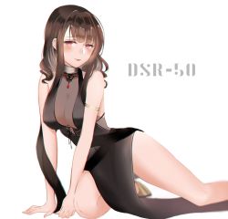 Rule 34 | 1girl, black dress, blush, bracer, breasts, brown hair, character name, cleavage, covering privates, covering breasts, dress, dsr-50 (girls&#039; frontline), dsr-50 (highest bid) (girls&#039; frontline), earrings, girls&#039; frontline, highres, jewelry, long hair, looking at viewer, medium breasts, necklace, official alternate costume, red eyes, shoes, sitting, smile, solo, sui (camellia), thighs, white background