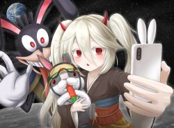 Rule 34 | 1boy, 1girl, 2023, carrot, cellphone, chinese zodiac, dark rabbit, demon girl, duel monster, earth (planet), ghost ogre &amp; snow rabbit, hard hat, helmet, highres, japanese clothes, kimono, moon, phone, planet, rabbit, red eyes, rescue rabbit, selfie, smartphone, space, tongue, tongue out, trait connection, wislley, year of the rabbit, yu-gi-oh!