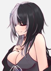 Rule 34 | 1girl, black coat, black dress, black eyeliner, black eyeshadow, black hair, black nails, breasts, cleavage, closed eyes, closed mouth, coat, dress, eyeliner, eyeshadow, fingernails, grey background, grey hair, hair ornament, hand on own chest, highres, hololive, hololive english, large breasts, light blush, long hair, long sleeves, m r b, makeup, multicolored hair, nail polish, off shoulder, open clothes, open coat, parted lips, profile, ribbon, shiori novella, shiori novella (1st costume), sideways mouth, simple background, sleeves past wrists, smile, solo, split-color hair, teeth, two-tone hair, upper body, virtual youtuber, white ribbon