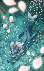 Rule 34 | blue eyes, cherry blossoms, commentary request, creatures (company), from above, game freak, gen 1 pokemon, highres, momomo12, nintendo, no humans, petals, pokemon, pokemon (creature), ripples, solo, swimming, toes, vaporeon, water