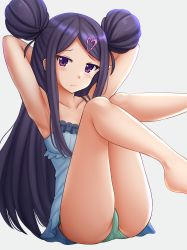 Rule 34 | 1girl, armpits, arms behind head, arms up, ass, bare legs, bare shoulders, barefoot, blue dress, blush, breasts, cleavage, closed mouth, collarbone, commentary, double bun, dress, feet out of frame, green panties, grey background, hair bun, hair ornament, heart, heart hair ornament, highres, kazenokaze, knee up, leg up, looking at viewer, ochikobore fruit tart, panties, parted bangs, purple eyes, purple hair, sekino roko, simple background, sleeveless, sleeveless dress, small breasts, solo, underwear