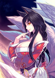 Rule 34 | 1girl, ahri (league of legends), animal ears, bad id, bad pixiv id, black hair, blush, breast hold, breasts, cleavage, facial mark, fox ears, fox tail, kimura daisuke, kitsune, large breasts, league of legends, lips, long hair, low neckline, multiple tails, nail polish, profile, smile, solo, tail, yellow eyes