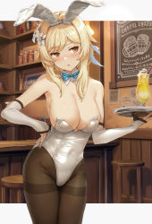 Rule 34 | 1girl, akita hika, bare shoulders, blonde hair, blush, breasts, brown pantyhose, cleavage, cup, detached sleeves, drinking glass, flower, genshin impact, hair flower, hair ornament, highleg, highleg leotard, highres, large breasts, leotard, looking at viewer, lumine (genshin impact), medium hair, pantyhose, playboy bunny, sidelocks, solo, thighband pantyhose, thighs, tray, white leotard, yellow eyes