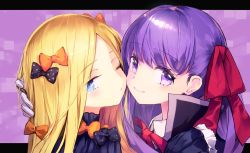 Rule 34 | 2girls, abigail williams (fate), bb (fate), bb (fate/extra), bbci, black bow, black coat, black dress, blonde hair, blue eyes, blush, bow, cheek-to-cheek, closed mouth, coat, dress, fate/extra, fate/extra ccc, fate/grand order, fate (series), forehead, gloves, hair ribbon, heads together, letterboxed, long hair, long sleeves, looking at viewer, multiple bows, multiple girls, neck ribbon, one eye closed, orange bow, parted bangs, polka dot, polka dot bow, popped collar, purple background, purple eyes, purple hair, red ribbon, ribbed dress, ribbon, smile, very long hair, white gloves