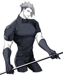 Rule 34 | 1boy, achilles (fate), closed mouth, cropped legs, fate/apocrypha, fate (series), gloves, haruakira, highres, holding, holding polearm, holding weapon, looking at viewer, male focus, mature male, monochrome, muscular, muscular male, pants, polearm, ribbed shirt, shirt, short hair, short sleeves, sideburns, simple background, solo, undercut, weapon