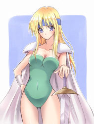 Rule 34 | 1girl, armor, blonde hair, blue background, blue eyes, bracer, breasts, cape, celes chere, cleavage, covered navel, final fantasy, final fantasy vi, gluteal fold, green leotard, hand on own hip, headband, highres, leotard, long hair, looking at viewer, medium breasts, nanjou satoshi, pauldrons, shoulder armor, simple background, solo, standing, strapless, strapless leotard, sword, thighs, weapon, white cape
