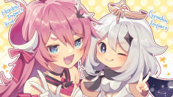 Rule 34 | 2girls, :q, asymmetrical horns, blue eyes, blush, commentary request, crossover, dress, fang, genshin impact, gloves, hair between eyes, halo, highres, honkai (series), honkai impact 3rd, horns, koga aoi, long hair, long sleeves, mechanical horns, mihoyo, mismatched horns, multiple girls, open mouth, paimon (genshin impact), pink hair, polka dot, polka dot background, rozaliya olenyeva, scarf, shirase (shirose), simple background, skin fang, star (symbol), tongue, tongue out, upper body, v, voice actor connection, w, white dress, white gloves, white hair, yellow background